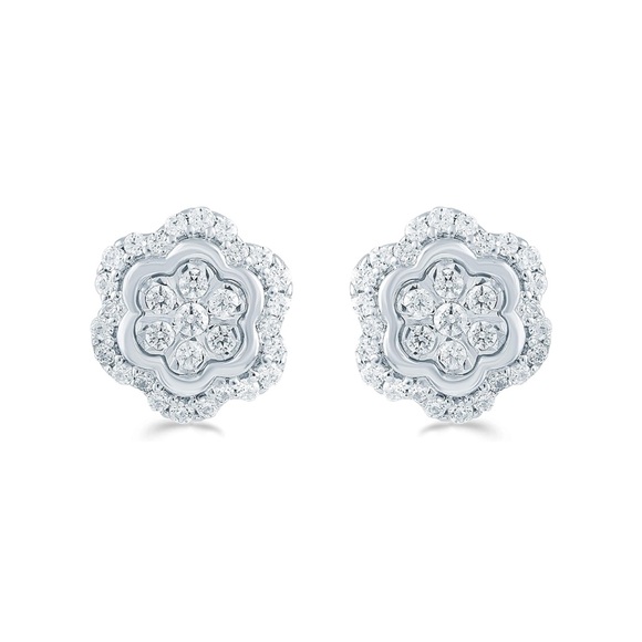 14k Diamond Clover Stud Earrings Floral Cluster - Picture 1 of 8